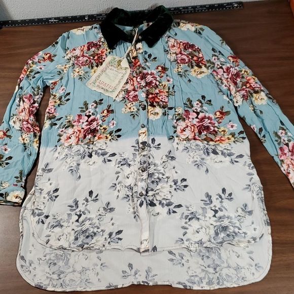Aratta Silent Journey Floral Flower Blouse Button Down Shirt Velvet Collar Small - Picture 1 of 16